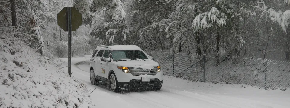 Ranger vehicle in heavy snow at the Zoo