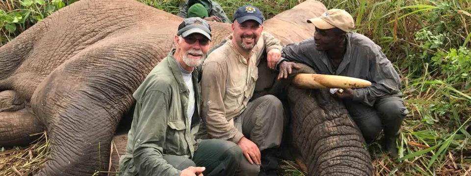 Three men are squatting and posing for a photo next to a sleeping elephant lying on its side in a field of tall grass.. The man on the left is Caucasian with a gray beard and a green cap. The middle man is also Caucasian with a navy cap. The man on the right is Black with one hand on the elephant's tusk. All three men are wearing outdoor clothing.
