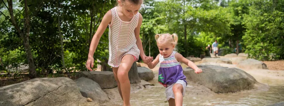 A young girl holding hands with a toddler as they climb barefoot up a steep, rocky hill. They are surrounded by trees and large rocks.