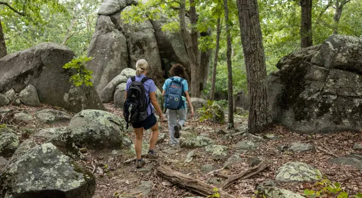 Two adult hikers are seen from behind walking through the woods towards a collection of towering, moss covered boulders.