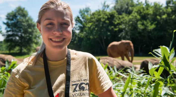 A young woman with blonde hair, wearing a yellow t-shirt that says "North Carolina Zoo Volunteer," is smiling directly at the camera. She is standing outdoors in bright daylight, and a blurred African Elephant is visible in the background, walking near rocks in its enclosure, with lush green trees overhead.