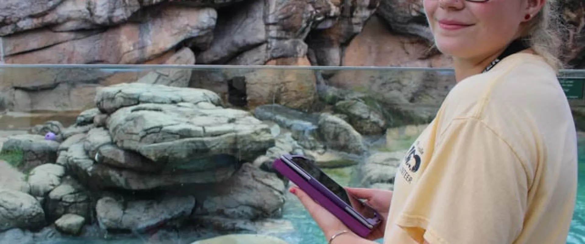 A young female Zoo volunteer holds a tablet outside of the Rocky Coast habitat as she conducts observational research while a polar bear swims in the pool below.