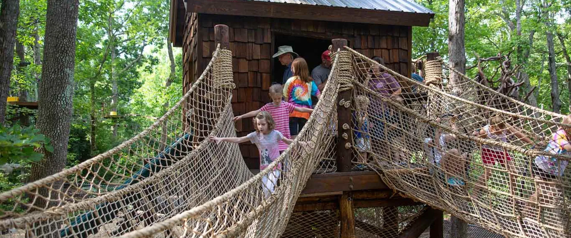 A small wooden treehouse with a swinging rope bridge leading into it on the right and out of it to the left. A group of people of different ages and genders walk and climb all over the bridges. All of this is surrounded by a lush, green forest.