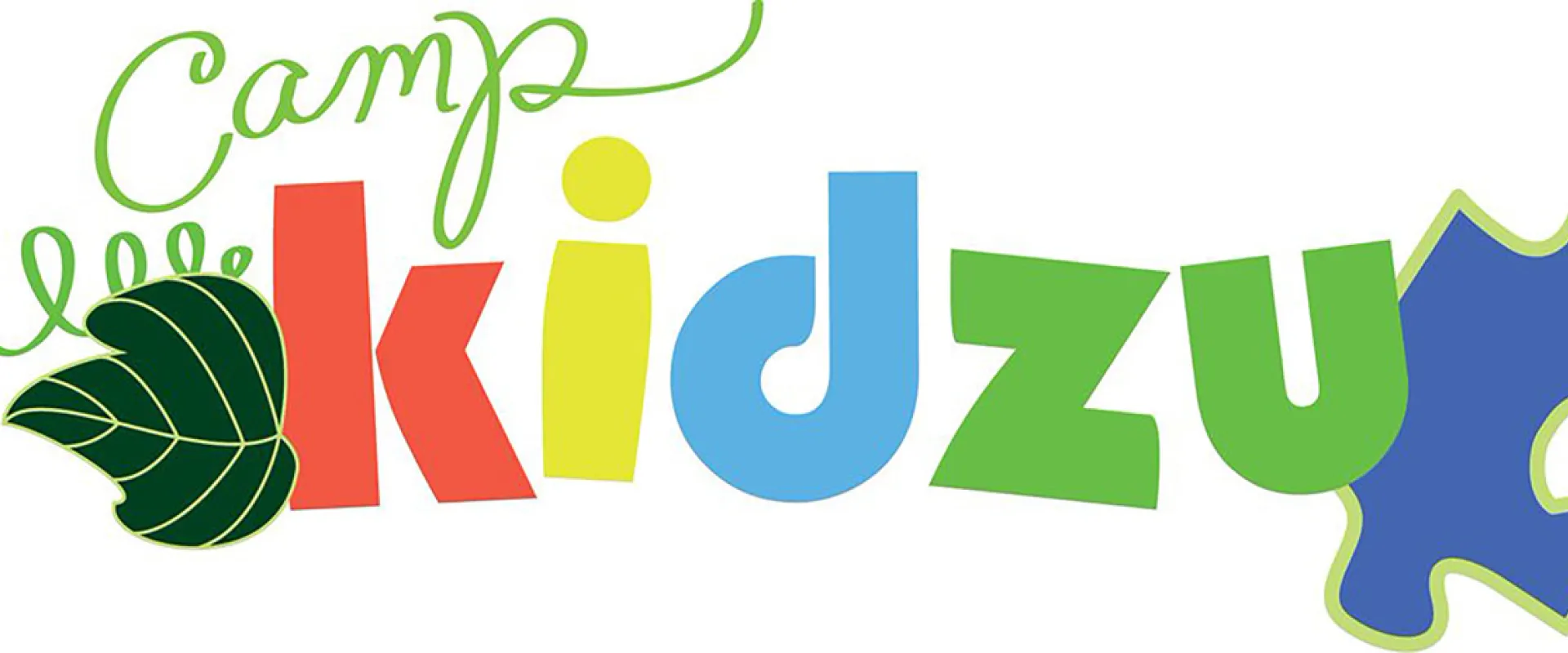 A logo with a swirly stem and a green leaf with colorful, bold text that reads,"Camp Kidzu."