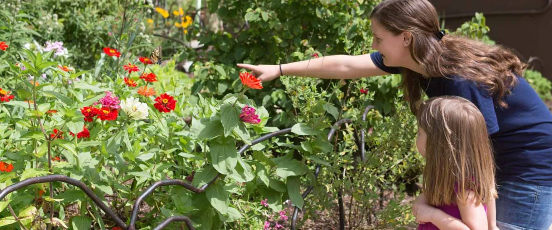 A young woman is leaning down and pointing out a red and orange zinnia flower to a small child in a brightly lit, colorful garden.