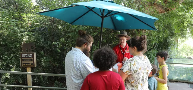 A volunteer assisting a diverse family at a Zoo Trekker investigation station.