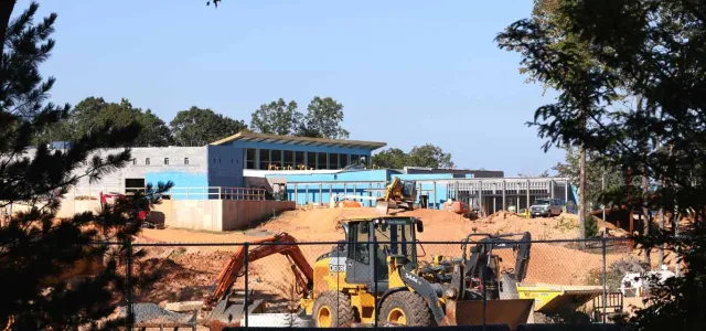 A sunny, distant view of a construction site with multiple pieces of heavy machinery, including an excavator, on reddish-brown dirt. In the background, a light blue and grey building under construction is visible, surrounded by green trees under a clear blue sky, framed by dark foliage in the foreground.