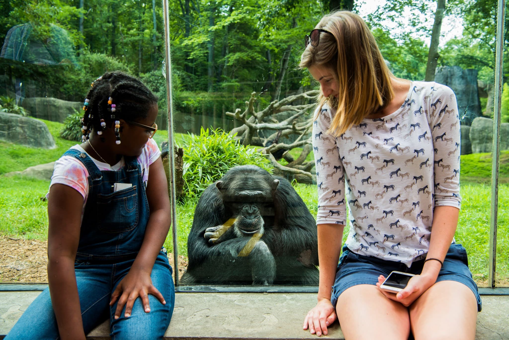 Two young girls sit behind a glass window with a chimpanzee sitting between them.