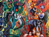 A large, vibrant, abstract mural depicting various animals (elephants, primates, leopards) and human figures in a colorful, symbolic landscape.