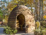 A large, dome-shaped walk-through exhibit designed to look like a natural beehive. The exterior is textured brown, and the interior, visible through a large archway, is covered with a pattern resembling honeycomb cells. The exhibit is outdoors on a paved pathway, surrounded by trees with late-autumn foliage. A hexagonal informational sign is visible to the right.
