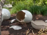 Three oversized, cracked white eggshells are scattered on a bed of dark mulch or dirt in a garden setting, suggesting a recent "hatching." The shells have a textured surface like rough concrete or stone. The scene is surrounded by lush green foliage and tall grass, with the base of a small tree in the foreground to the left and a wooden bench visible in the background. This is likely an outdoor art installation or a zoo/garden exhibit.