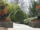 A panoramic view of the entrance to an outdoor path flanked by two large, metal sculptures of animals in dark brown or black against a rusted orange background, depicting scenes like a giraffe eating from a tree on the right, and other African animals, possibly including a lion, on the left. The path is brick and concrete and leads between two low stone or concrete planter walls topped with shrubbery.