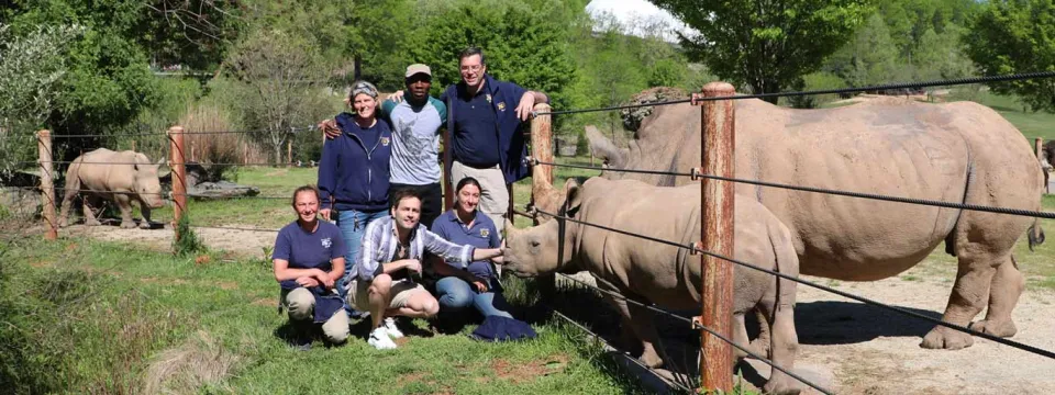 A group of six people, three standing and three kneeling, pose for a photo next to a wire fence with two White Rhinos. The smaller rhino calf is at the fence line in front of the kneeling people, while the large adult stands behind it. A third rhino is visible in the background, along with green trees and a large white tent-like structure.