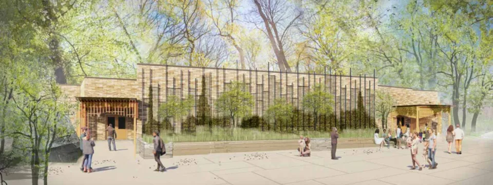 An illustration of the exterior of the Discovery Center in Asia that consists of a tan, rectangular building with decorative metalwork designs across the front, and doors on either end. The building is in a paved plaza and flanked by trees.