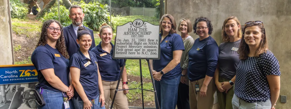 Zookeepers and DNCR staff encircle a historical marker for Ham the Astrochimp; the marker is displayed in front of the chimp habitat at the North Carolina Zoo