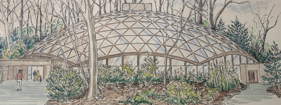 An exterior illustration of the North Carolina Zoo's aviary. 