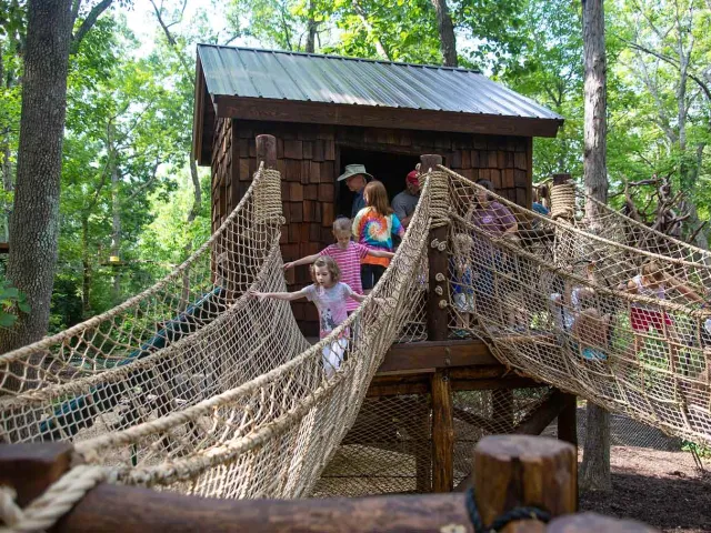 A small wooden treehouse with a swinging rope bridge leading into it on the right and out of it to the left. A group of people of different ages and genders walk and climb all over the bridges. All of this is surrounded by a lush, green forest.