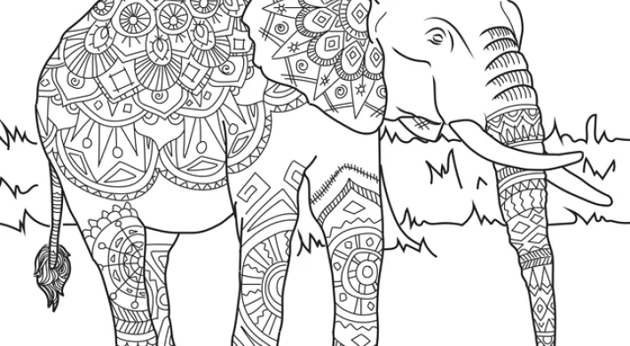 Elephant walking in tall grass zentangle coloring page