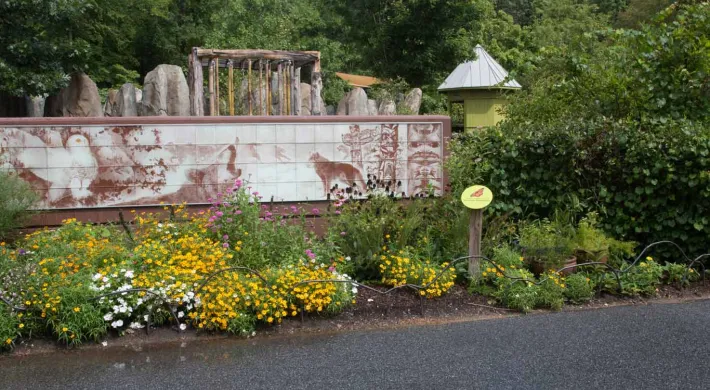 A low-angle shot captures a section of a zoo exhibit. In the foreground, a bed of yellow and white flowers borders a dark asphalt path. Behind them is a long, horizontal mural depicts what appears to be various animals in a rustic, almost weathered style. Above and behind the sign, a structure resembling ancient ruins with multiple stone columns is visible. The background is filled with a thick canopy of green trees.