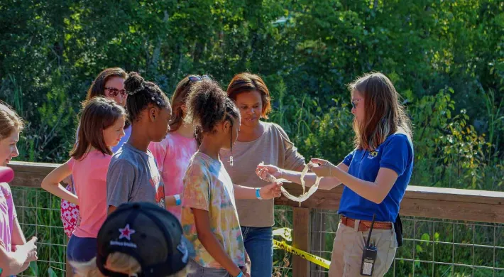 A woman with brown hair wearing a NC Zoo uniform stands smiling in front of a fence holding what appears to be a snake skin. She is showing a group of children who are standing in front of her. They appear to be standing on a wooden deck, or bridge, with dense green foliage behind them.