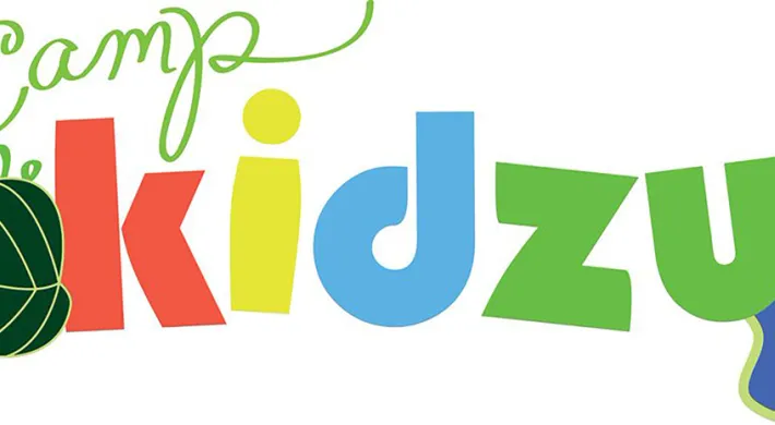  A logo with a swirly stem and a green leaf with colorful, bold text that reads,"Camp Kidzu."