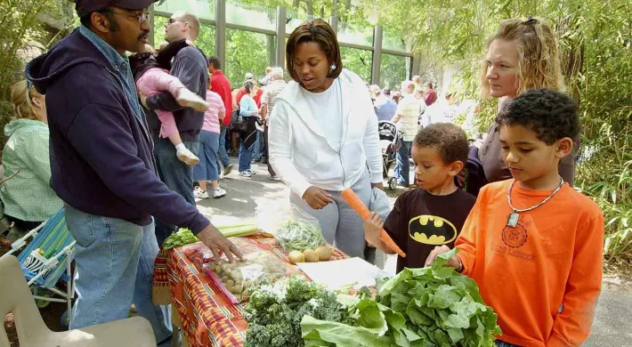 A man wearing glasses, jeans, and a NC Zoo uniform stands behind a table laden with fresh produce next to an animal habitat in the woods, gesturing towards the leafy greens. A woman, possibly a mother, stands next to him, and two young boys, possibly her children, look at the vegetables. One boy wears a black t-shirt with a yellow Batman logo, and the other wears an orange t-shirt. Other guests are visible in the background, surrounded by greenery.