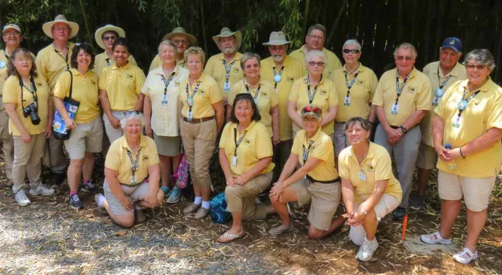 A group of approximately twenty adults, all wearing yellow polo shirts, stands together posing on a gravel parking lot with a dense forest in the background.