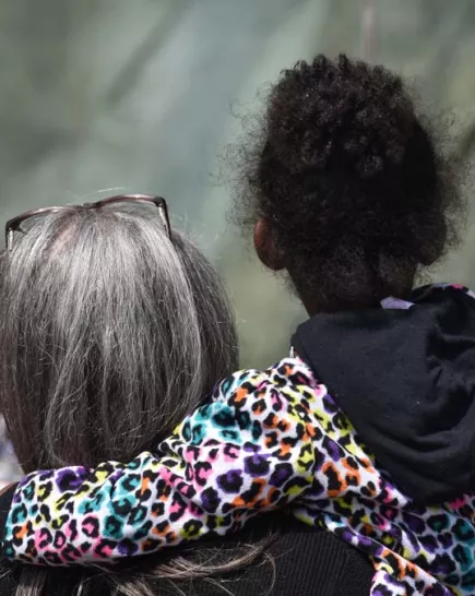 grandparent holding grandchild so she can see baboons 