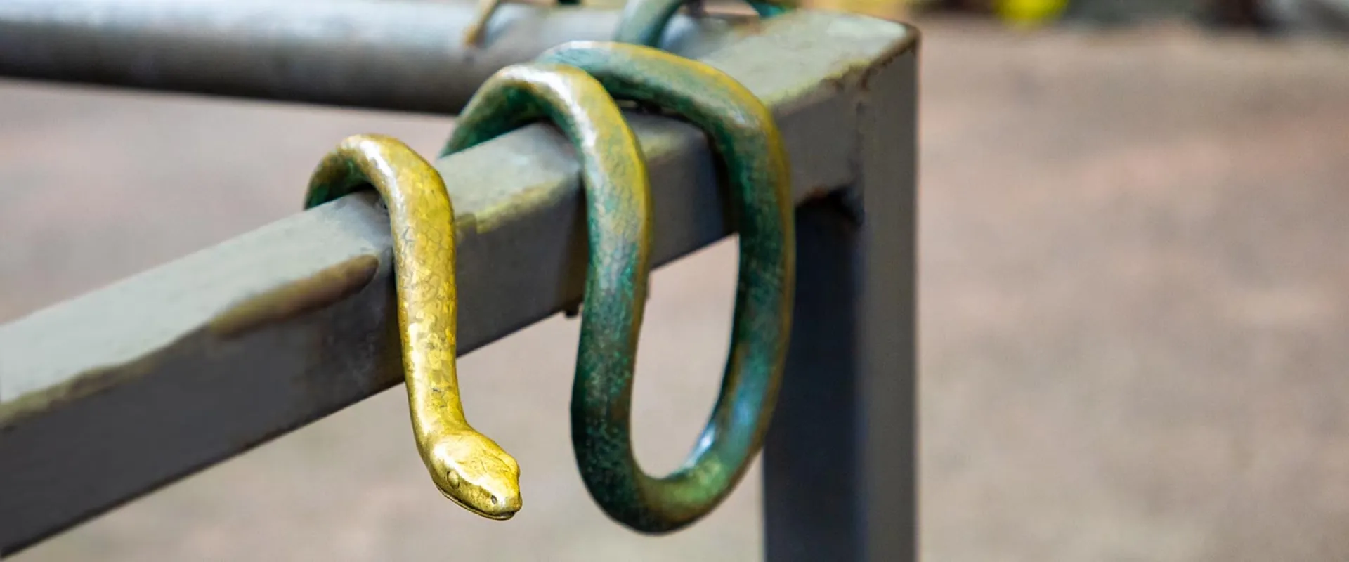 A life-like bronze sculpture of a snake draped on and around a brown metal handrail at the North Carolina Zoo.