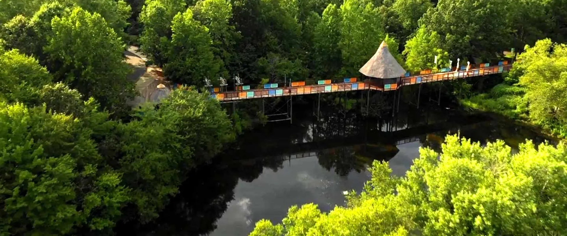 An aerial view of the Akiba Bridge, a long wooden bridge with colorful designs and a pergola in the middle that leads from the parking lot, through dense trees, over a lake and ending at the African entrance of the NC Zoo.