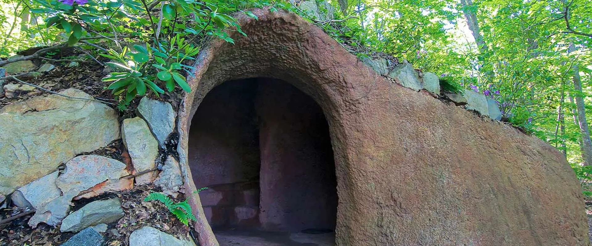 A whimsical, hobbit-hole-like earthen structure with a rounded archway entrance is nestled into a hillside in a lush green forest, blending seamlessly with the surroundings. To the left of the entrance, a stone wall is integrated into the structure, and a vibrant purple rhododendron bush with green leaves blossoms atop the earthen roof.