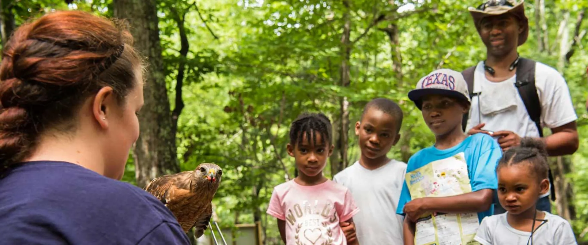 A woman with red hair, wearing a navy blue shirt, is holding a small, brown hawk on her gloved hand and talking to a group of four children and a man. The group is standing behind a rope barrier in a wooded area, all looking at the hawk.