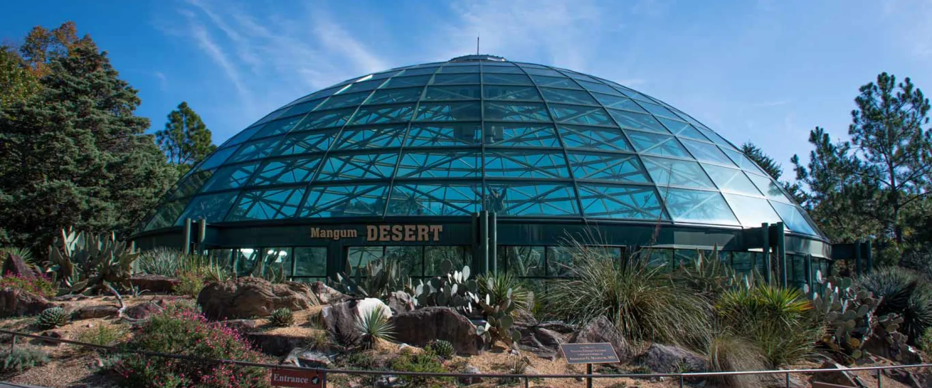 A wide exterior shot showcases the large, glass-domed Desert exhibit building under a bright blue sky with wispy clouds. In front of the building, a landscaped area features various desert plants like cacti and succulents, along with rocks. A paved pathway curves in the foreground, and a wooden bench is visible on the right. 