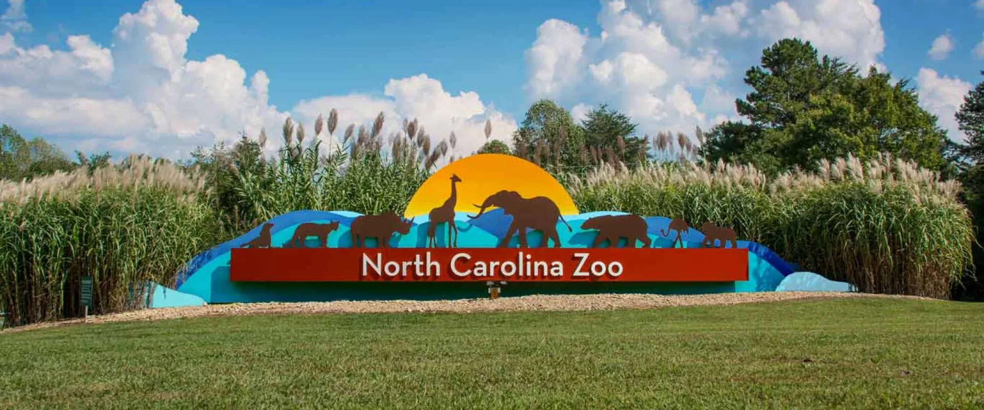 Panoramic view of a large outdoor sign surrounded by tall ornamental grasses and trees in a field. The sign is an image of a rising sun with the shadowed figures of animals, including a Giraffe and an Elephant standing in front of it with the words "North Carolina Zoo" under them.