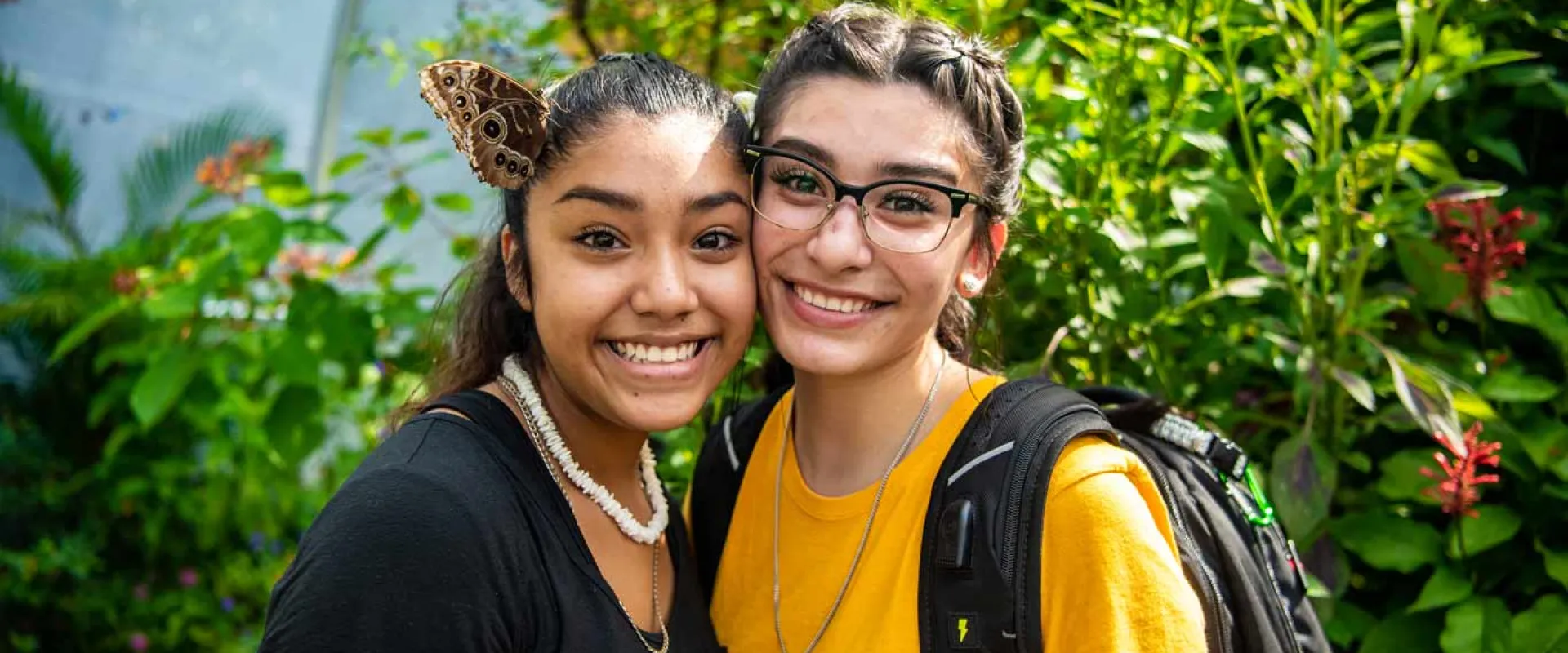 Two people, appearing to be women, posing with their heads together and smiling in a lush, tropical environment. They are surrounded by green trees and there is a brown, patterned butterfly resting on the girls head to the right.