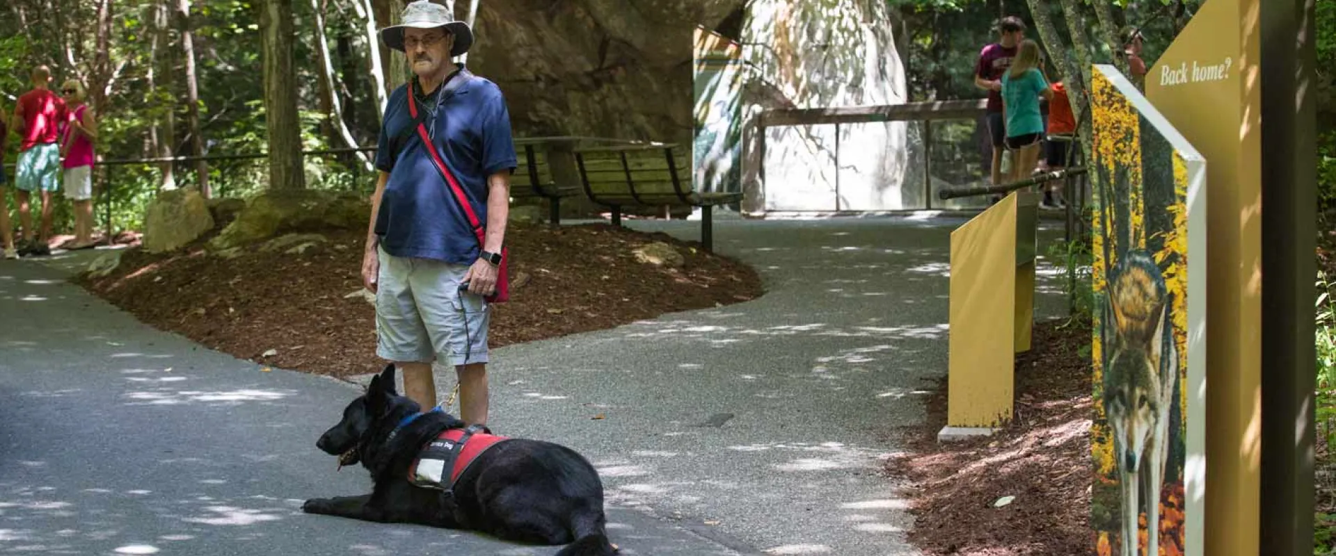A man in a navy shirt and floppy hat stands in the fork of a paved path with a black service dog lying on the ground at his feet. There are two yellow rectangular signs in the foreground, and a bench surrounded by trees and plants in the background.
