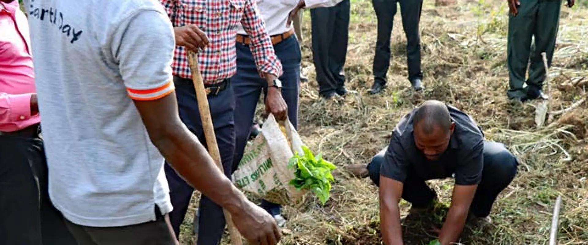 A group of about eight men are gathered in a field, participating in a tree-planting event. In the center foreground, a man in a black shirt is kneeling to plant a small green seedling in the dirt. Another man wearing a grey t-shirt with orange trim, stands nearby holding a shovel. Several other men are standing around, observing or assisting. The ground is rough, loose earth, and the background shows trees and foliage, suggesting an outdoor effort related to conservation.