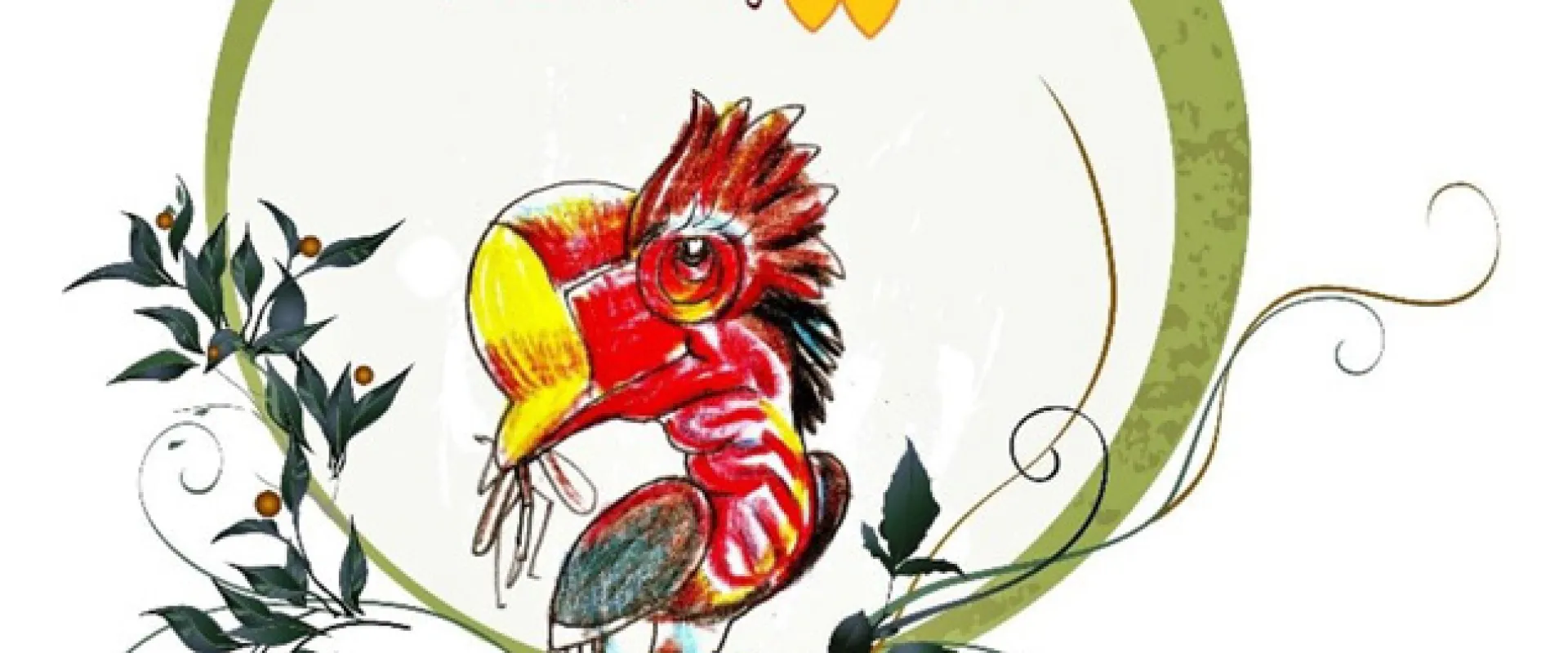 A stylized cartoon hornbill with a large yellow-tipped casque, red and pink head, and long tail feathers is perched on a branch. The text "LOVE Hornbills DAY" is arched in green and blue text above the bird, with "13 February" and two yellow hearts underneath. The image is framed by a green circle and decorative vines with dark leaves and small orange berries.