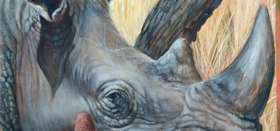 Close-up of rhino as part of a larger acrylic mural depicting the African savanna.