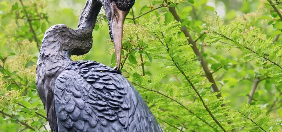 An elegant bronze statue of a preening Heron, with its long slender beak and neck, perched amongst some tree branches.