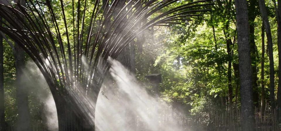 A large art installation of tall, metal tubes that are gathered at one end to resemble a tree trunk and flare out at the other end to resemble branches. Water is misting down from the branch-like features. The structure stands in a wooded area. The sun is filtering through the trees and lighting the mist causing it to look like a cloud or fog around the structure.