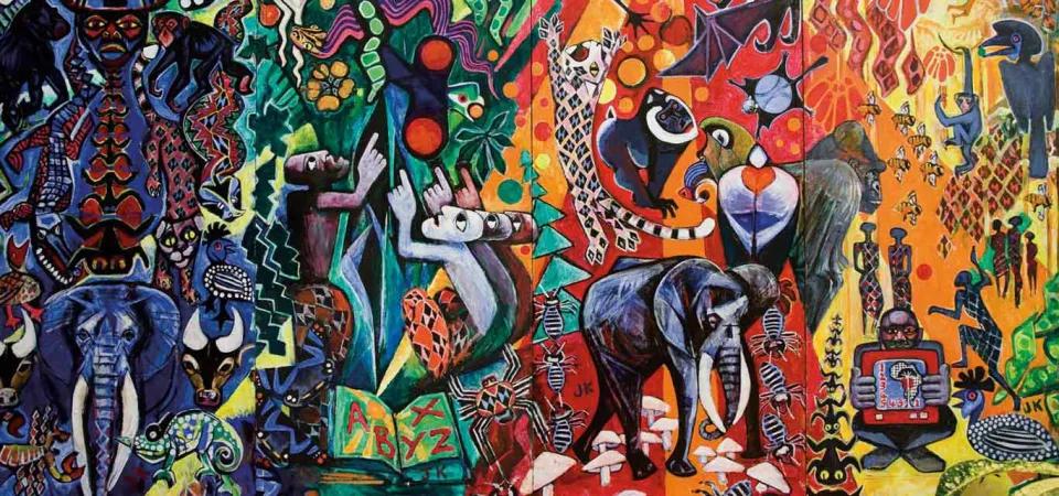 A large, vibrant, abstract mural depicting various animals (elephants, primates, leopards) and human figures in a colorful, symbolic landscape.