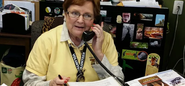 An older woman with glasses and short, red hair, wearing a yellow collared shirt, appears to be in an office talking on a corded telephone while sitting at a desk that is covered with papers. There is a black filing cabinet covered with magnets behind her.