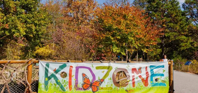 A natural wooden fence covered in vines in front of a wooded area. Attached to the fence is a colorful banner with the text "Kidzone" and images of grass and butterflies.