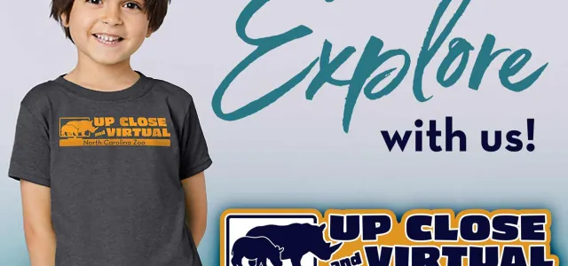 A graphic featuring a smiling young boy in a dark t-shirt with a logo on it, next to the cursive text "Explore with us!" At the bottom right is an overlay graphic for "UP CLOSE VIRTUAL."