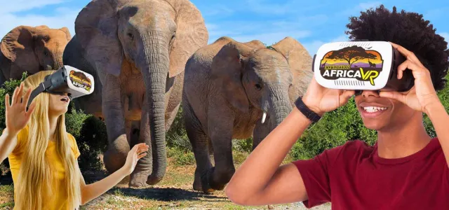 A man in a red shirt and a woman with long blonde hair stand wearing virtual reality goggles, their hands outstretched as if touching what they're seeing. Superimposed behind them is an image of three African Elephants running towards them across a savanna. The goggle screens read "Expedition Africa VR."