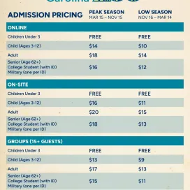 🚨UPDATED INFORMATION🚨
The graphic information has been updated. See below for information regarding guests of Zoo Members pricing, which will be a flat rate year round:
➡️ Adults: $13
➡️ Senior: $11
➡️ Child: $9
Beginning on Monday, July 14 the North Carolina Zoo is implementing an updated gate admission fee structure. This is the first gate increase in a decade!
Over the past ten years, the cost of caring for wildlife has steadily increased, from food and veterinary care to habitat maintenance and essential utilities. The Zoo's updated admission structure ensures that every dollar continues to support its pillars of animal welfare, conservation, and providing an exceptional guest experience.
🎟️ This change ensures your visit continues to support what matters most:
✔️ World-class animal care
✔️ Global conservation work
✔️ An exceptional, family-friendly experience
“The updated pricing helps ensure that the Zoo can meet rising operational costs while remaining one of the most affordable, family-friendly destinations in the heart of North Carolina,” says Diane Villa, Deputy Director.
We encourages guests to take advantage of the following perks to enhance their visit:
💧 Free refill stations - located throughout the Zoo. Be sure to hold the water fountain button for five seconds to start the flow.
🚋 Free transportation - trams and shuttles help guests move comfortably across the Zoo's sprawling geography.
🧺 Free picnic areas - located just outside the Zoo gates, these shaded areas allow families and adventurers to enjoy meals together before or after their visit.
The Zoo will continue to offer discounted admission for groups, online purchases, seniors, military personnel, and guests using NC EBT benefits. In addition, discounted admission will now be extended to college students and children under age 3.