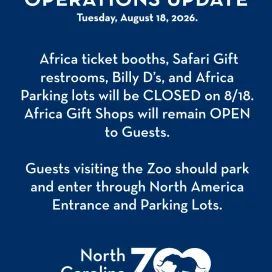 🚨 IMPORTANT OPERATIONS UPDATE:
On Tuesday, August 18, 2026, The Africa ticket booths, Safari Gift restrooms, Billy D’s, and Africa Parking lots will be CLOSED for maintenance and arbor work. Africa Gift Shops will remain OPEN for Guests.
Guests planning to visit the Zoo on Tuesday, August 18, should park and enter the Zoo through the North America Entrance and Parking Lots. The Parking Lot Shuttle will be closed.
Africa habitats and pathways will still be accessible. We anticipate Africa Entrance being open on Wednesday, August 19. Thank you for your understanding!