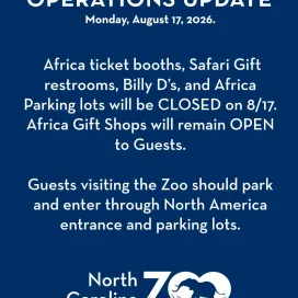🚨 IMPORTANT OPERATIONS UPDATE:
On Monday, August 17, 2026, The Africa ticket booths, Safari Gift restrooms, Billy D’s, and Africa Parking Lots will be CLOSED for maintenance and arbor work. Africa Gift Shops will remain OPEN for Guests.
Guests planning to visit the Zoo on Monday, August 17, should park and enter the Zoo through the North America Entrance and Parking Lots. The Parking Lot Shuttle will be closed.
Africa habitats and pathways will still be accessible. We anticipate Africa Entrance being open on Tuesday, August 18. Thank you for your understanding!