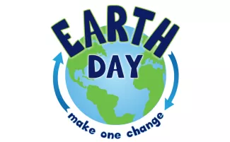 North Carolina Zoo: Earth Day Logo. A drawing of the planet Earth with blue arrows encircling it. The text on the image reads "Earth Day: Make One Change".